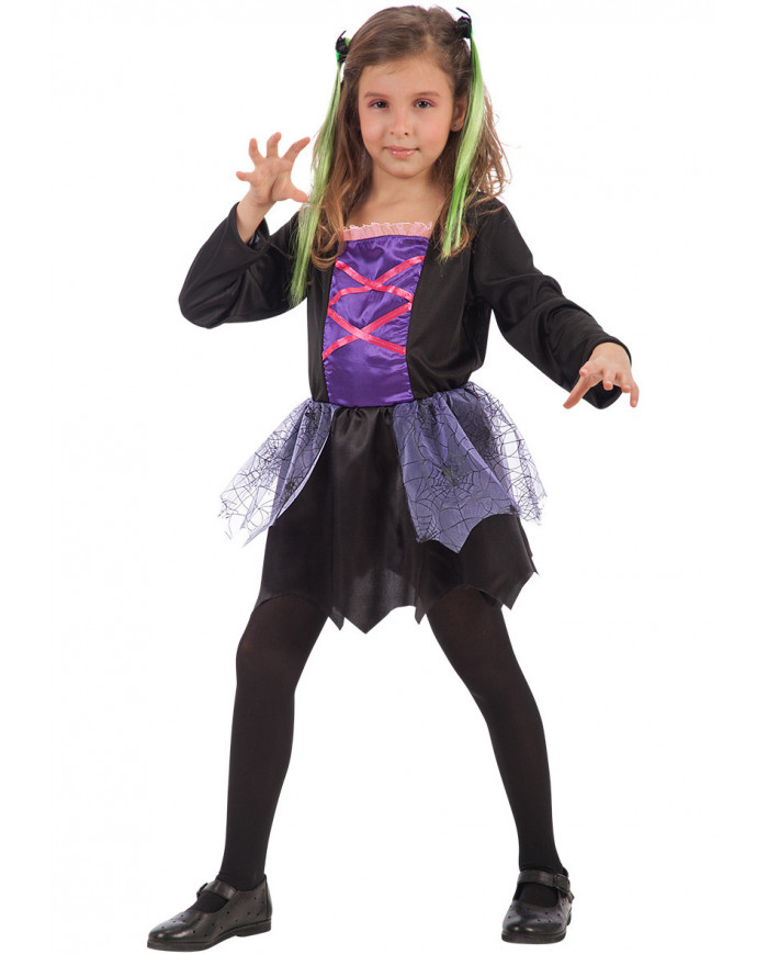 Purple witch costume for kid with stretchy dress with taffetas