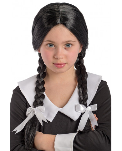 Smooth black wig with braids and white bows, just like the
