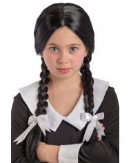 Smooth black wig with braids and white bows, just like the