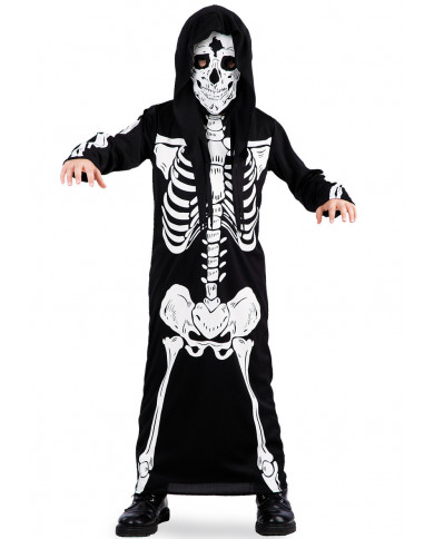 Skeleton costume for kid with printed jersey tunic and hood.