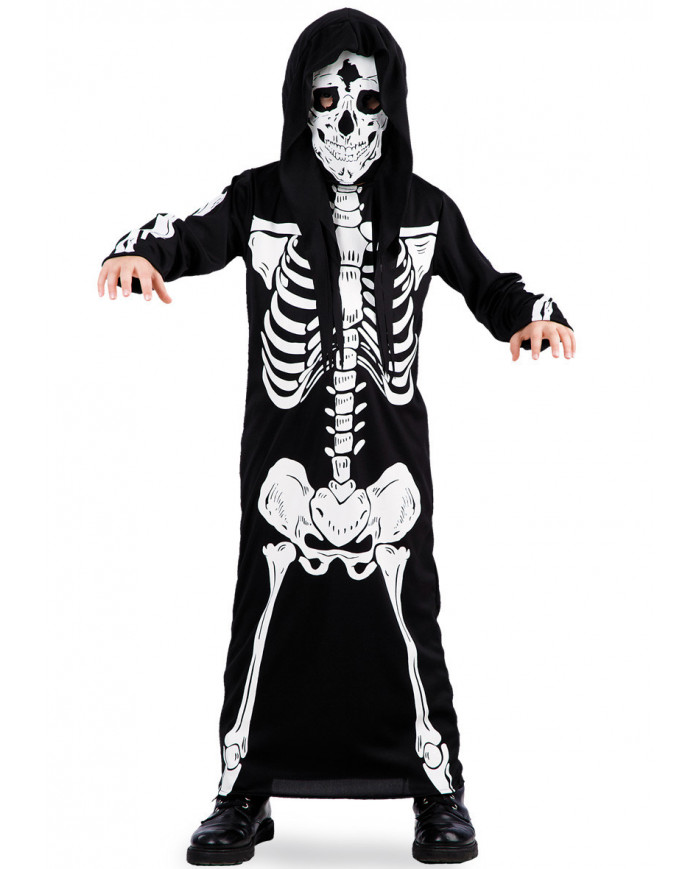 Skeleton costume for kid with printed jersey tunic and hood