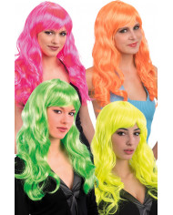 Long wavy wigs with fringe, assorted in fluorescent colors: Long wavy wigs with fringe, assorted in fluorescent colors:
