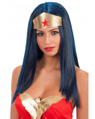 Long straight blue wig with diadem to play Wonder Woman, the