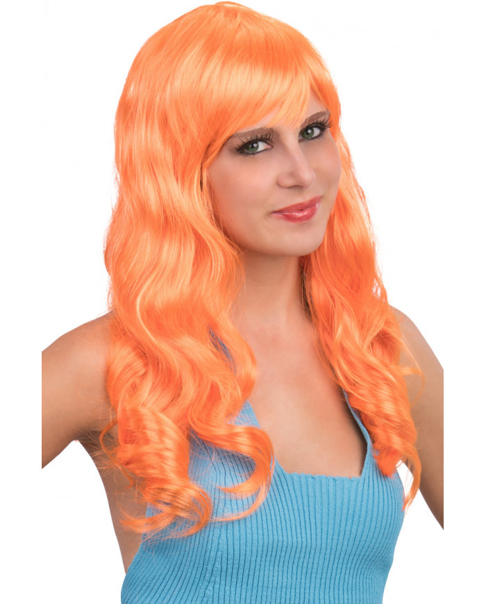 Long, fluo wig with fringe, suitable for summer parties full of