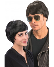 Short black wig with fringe, lends itself to the most varied