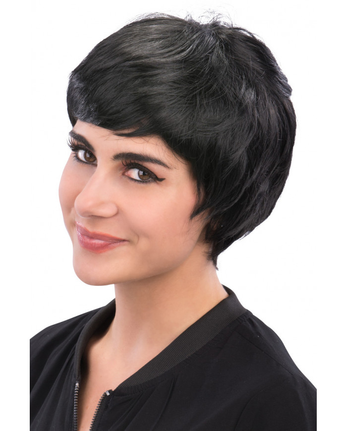 Short black wig with fringe, lends itself to the most varied