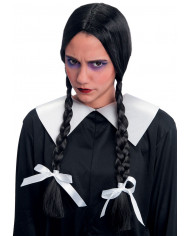 Parrucca nera liscia con riga centrale e trecce con nastri