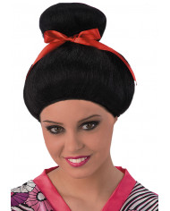 Parrucca donna nera con chignon e nastro rosso, tipica Parrucca donna nera con chignon e nastro rosso, tipica