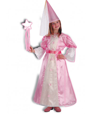 Pink fairy costume for kid with satin dress, wire hoop and hat.