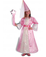 Pink fairy costume for kid with satin dress, wire hoop and hat.
