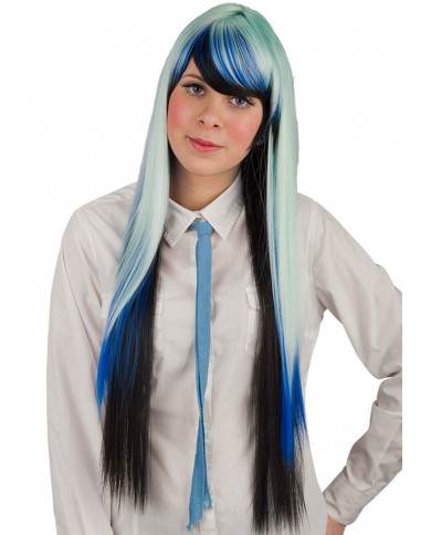 Straight Black, White And Blue Extra Long Wig W/Fringe In Pvc Box