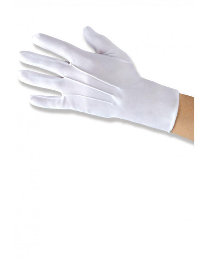 Guantes blancos de tela elástica de unos 24 cm de largo en bolsa con