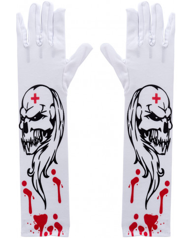 Gloves in white fabric with a length of cm.38, with prints of