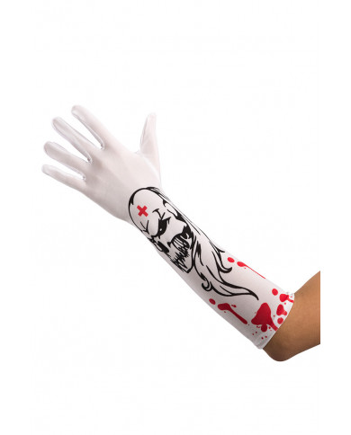 Gloves in white fabric with a length of cm.38, with prints of