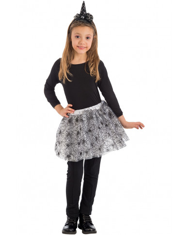 White veil skirt with black spiderwebs, one size for children White veil skirt with black spiderwebs, one size for children