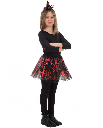 Skirt in black veil with red prints of spiderwebs, one size for