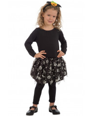Skirt in black veil with silver prints of Halloween subjects