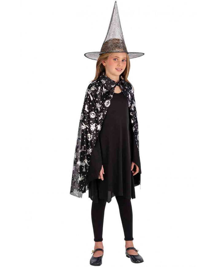 Witch set that includes a black fabric cape long cm.80 and hat