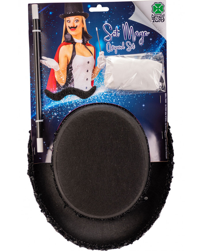 Conjurer set consisting of hat, gloves, wand and moustaches