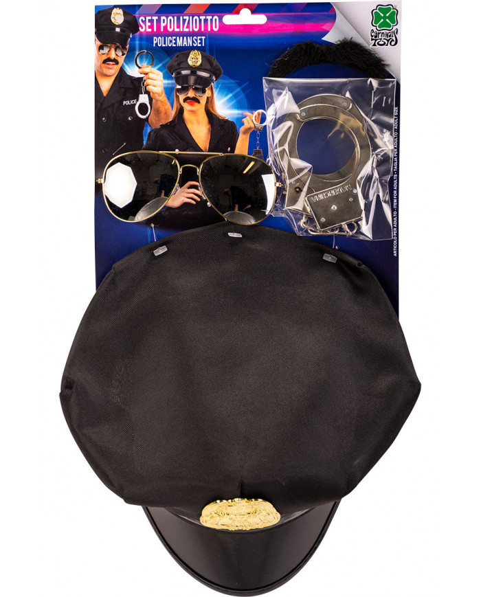 Policeman set consisting of hat, moustaches, glasses