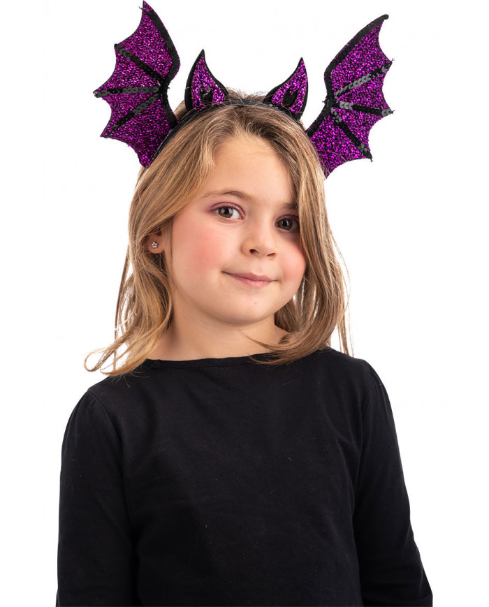 Headband for children with bat wings and ears in purple lurex Headband for children with bat wings and ears in purple lurex