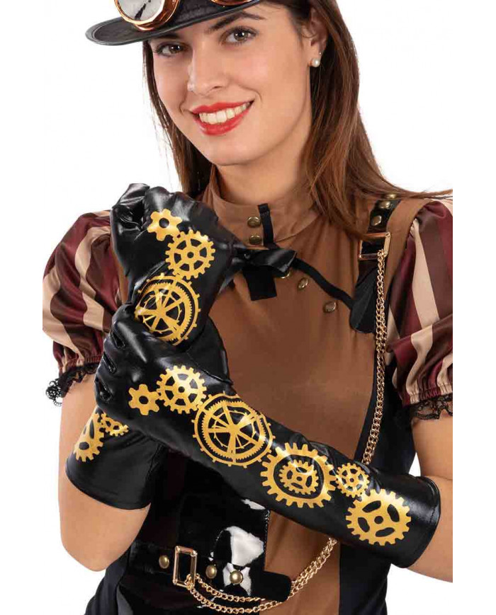 Beautiful black gloves in stretch fabric with gold prints in