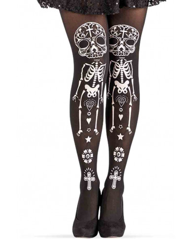 Black tights with white Mexican skull prints in front of both Black tights with white Mexican skull prints in front of both