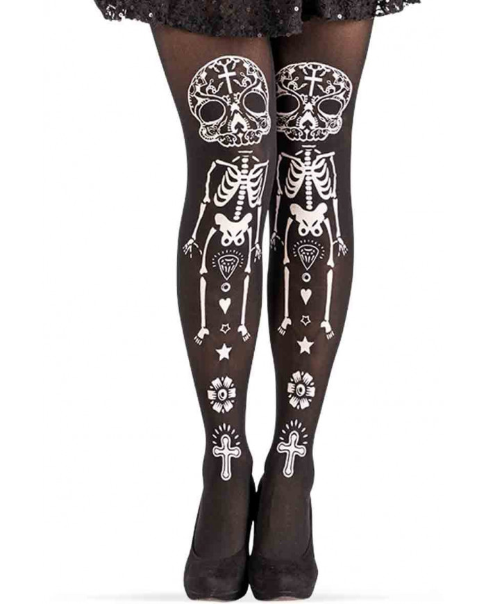 Black tights with white Mexican skull prints in front of both