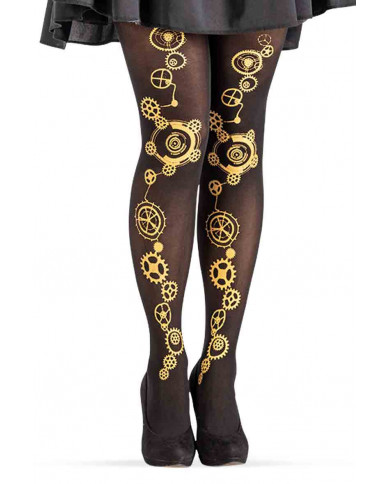 Original black tights decorated with gold gear prints that run Original black tights decorated with gold gear prints that run