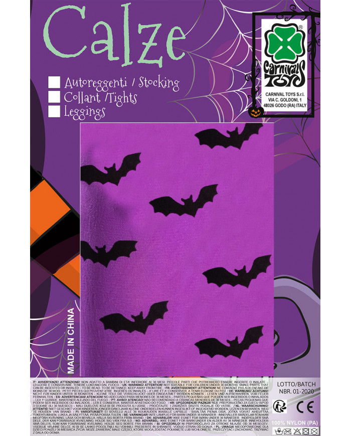 Calze collant viola decorate con pipistrelli neri in taglia