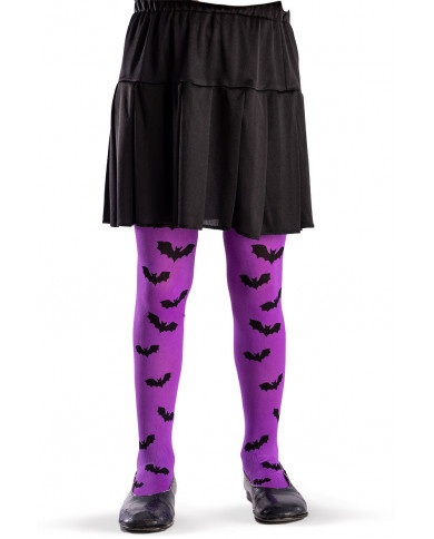 Purple tights with black bats in one size for children, to Purple tights with black bats in one size for children, to