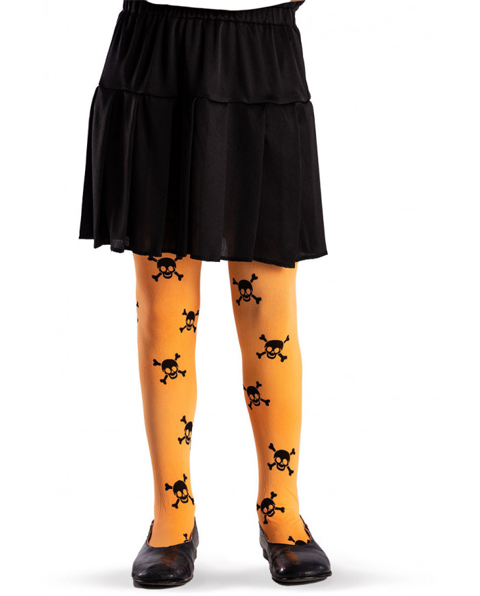 Fluorescent orange tights with black skulls in one size for