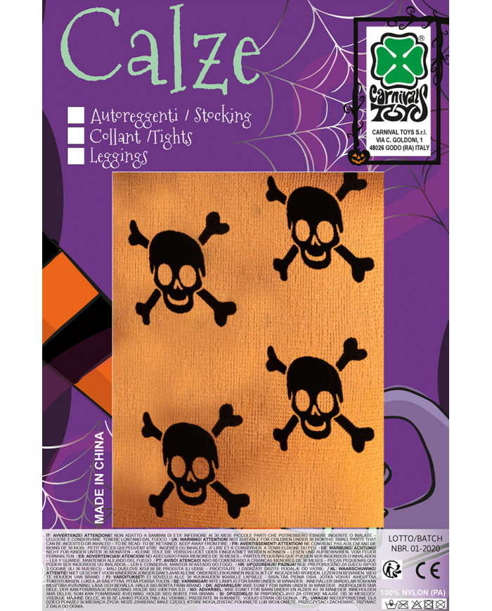 Calze collant arancioni fluo decorate con scheletrini neri in Calze collant arancioni fluo decorate con scheletrini neri in