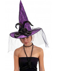 Purple witch hat decorated with bow, rose and black feathers