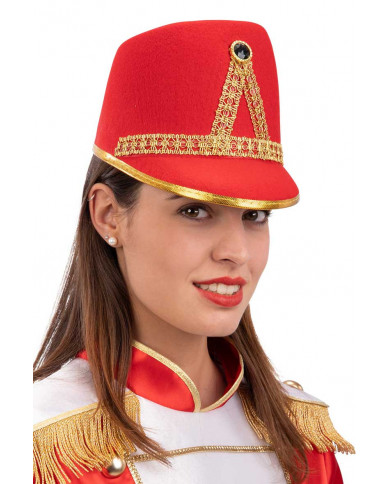 Majorette hat in red felt decorated with trimmings and