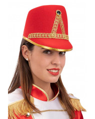 Majorette hat in red felt decorated with trimmings and