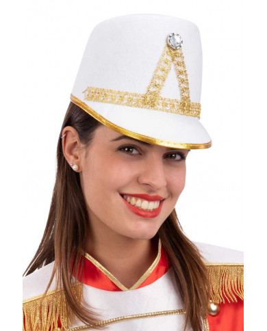 Majorette hat in white felt decorated with trimmings and