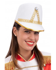 Majorette hat in white felt decorated with trimmings and