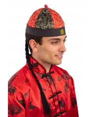 Chinese hat in red and black fabric with typical golden