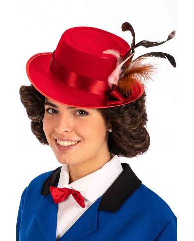 Flocked red Mary hat with feathers, ideal to play Mary Poppins