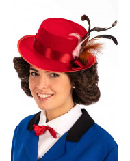 Flocked red Mary hat with feathers, ideal to play Mary Poppins