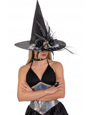 Black witch hat in plastic fabric with skull-shaped application