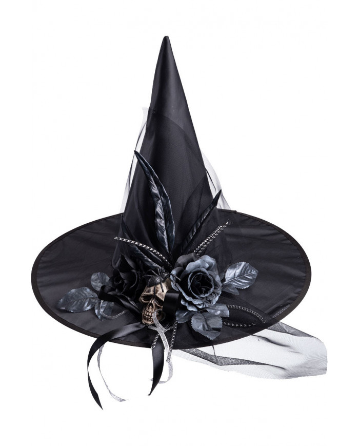 Black witch hat in plastic fabric with skull-shaped application