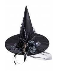Black witch hat in plastic fabric with skull-shaped application