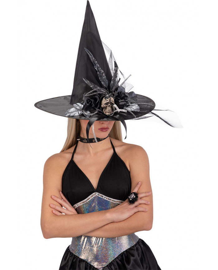 Black witch hat in plastic fabric with skull-shaped application