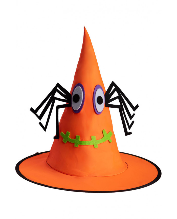 Orange witch hat in plastic fabric for children with spider