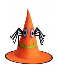 Orange witch hat in plastic fabric for children with spider