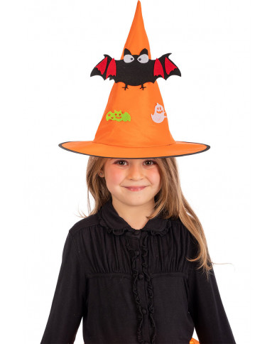 Orange witch hat in plastic fabric for children with bat