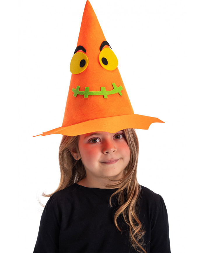 Orange witch hat in plastic fabric for children with pumpkin