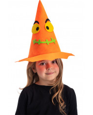 Orange witch hat in plastic fabric for children with pumpkin